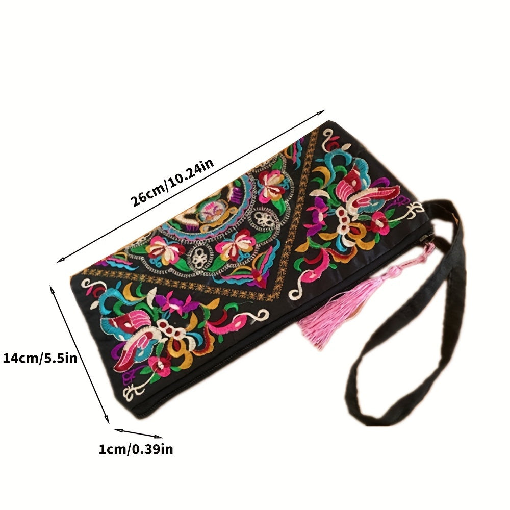 Vintage Square Phone Purse - Ethnic Floral Embroidery, Wristlet Strap, Stylish Clutch for Everyday Chic