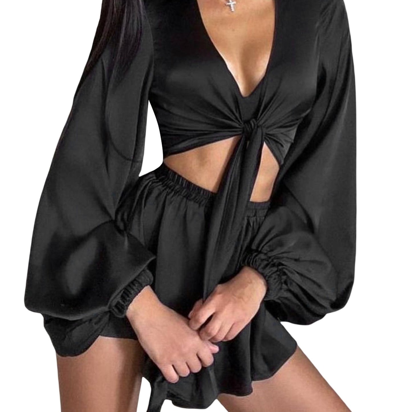 Women Shorts Set, Long Sleeve Tie-up Crop Top with Elastic Waist Shorts Summer Outfit