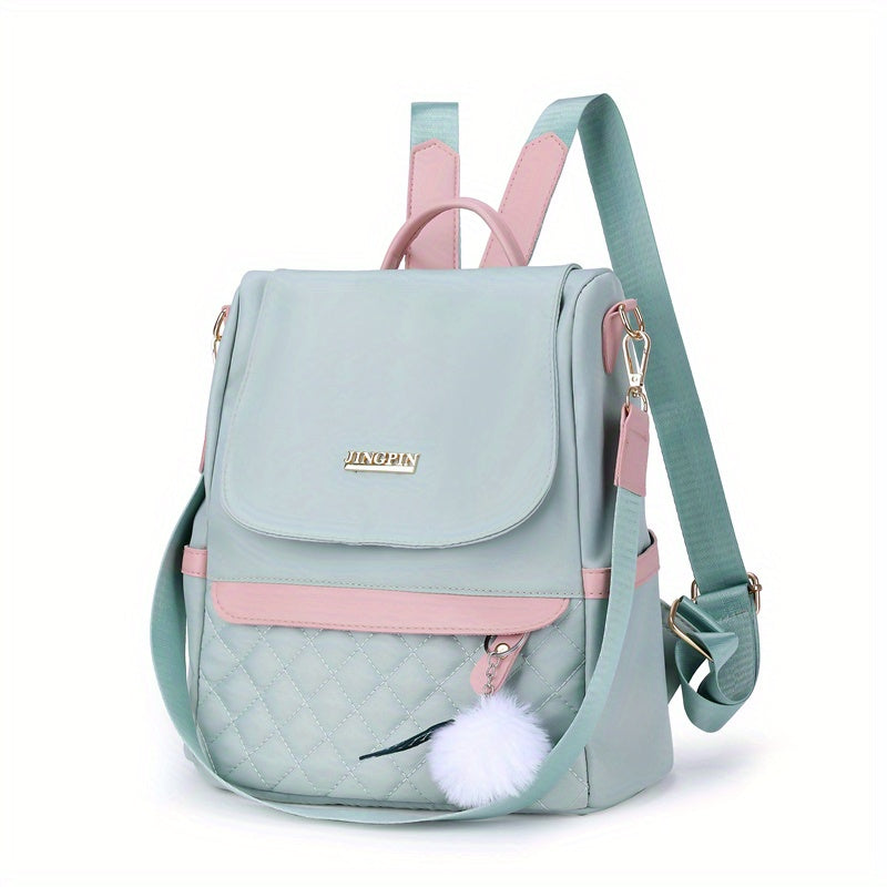 Quilted Flap Backpack Purse, Women's Nylon Travel Shoulder Bag, Casual Pompom Decor Bookbag