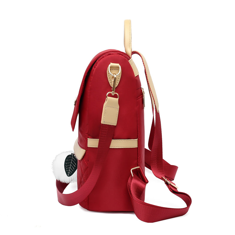 Quilted Flap Backpack Purse, Women's Nylon Travel Shoulder Bag, Casual Pompom Decor Bookbag