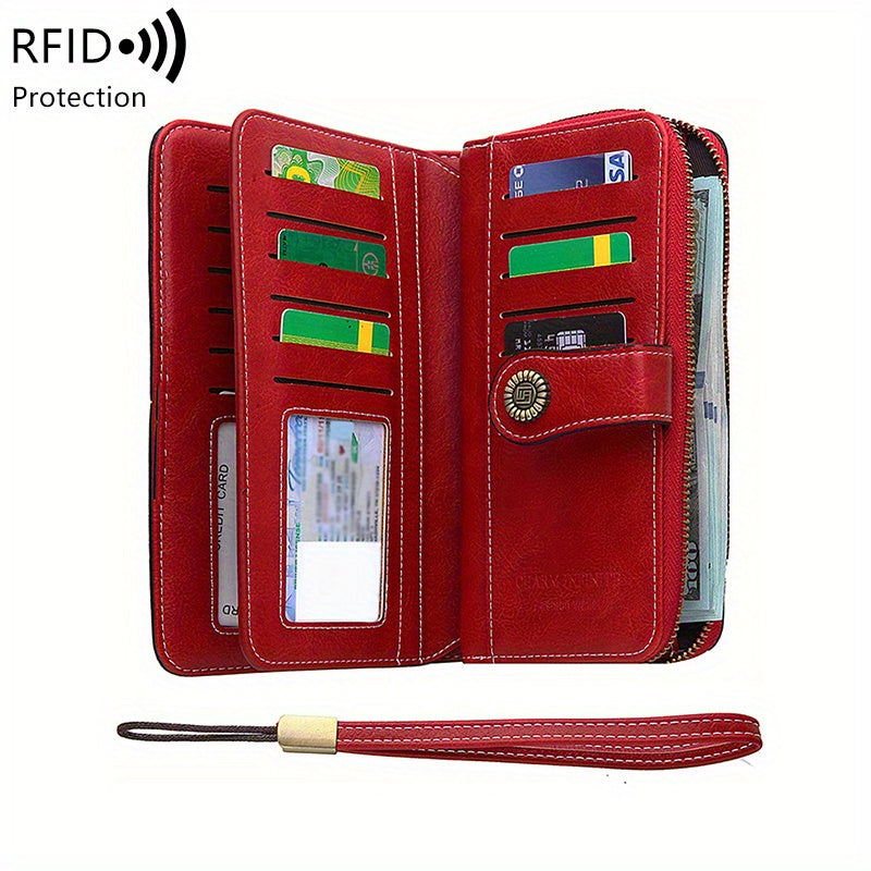 Vintage-Style RFID Long Wallet – Large-Capacity Faux Leather Coin Purse with Wristband, Snap Closure & Multi-Card Slots