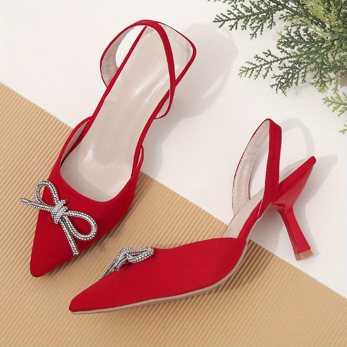 Women's Rhinestone Bow Stiletto, Pointed Toe Satin Slingback High Heels, Party & Evening Going Out Dress Shoes