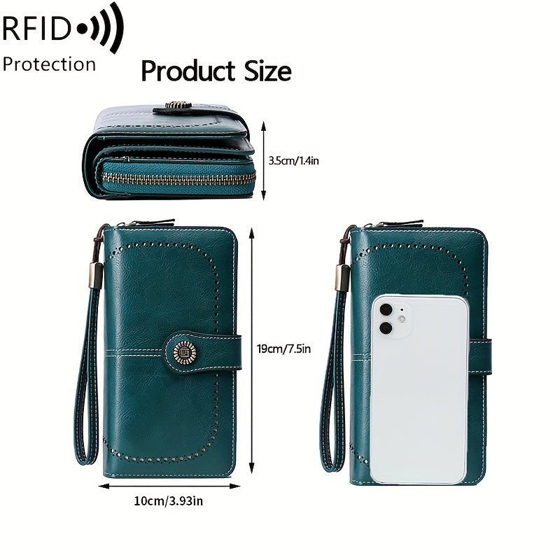 Vintage-Style RFID Long Wallet – Large-Capacity Faux Leather Coin Purse with Wristband, Snap Closure & Multi-Card Slots