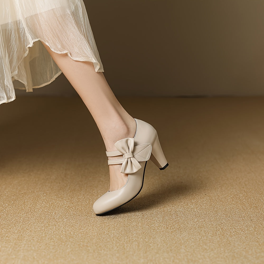 Round Toe Pumps Kitten Heels, Bowknot Ankle Straps PU Leather Fashion Dance Work Dress Chunky Shoes, Women's Footwear