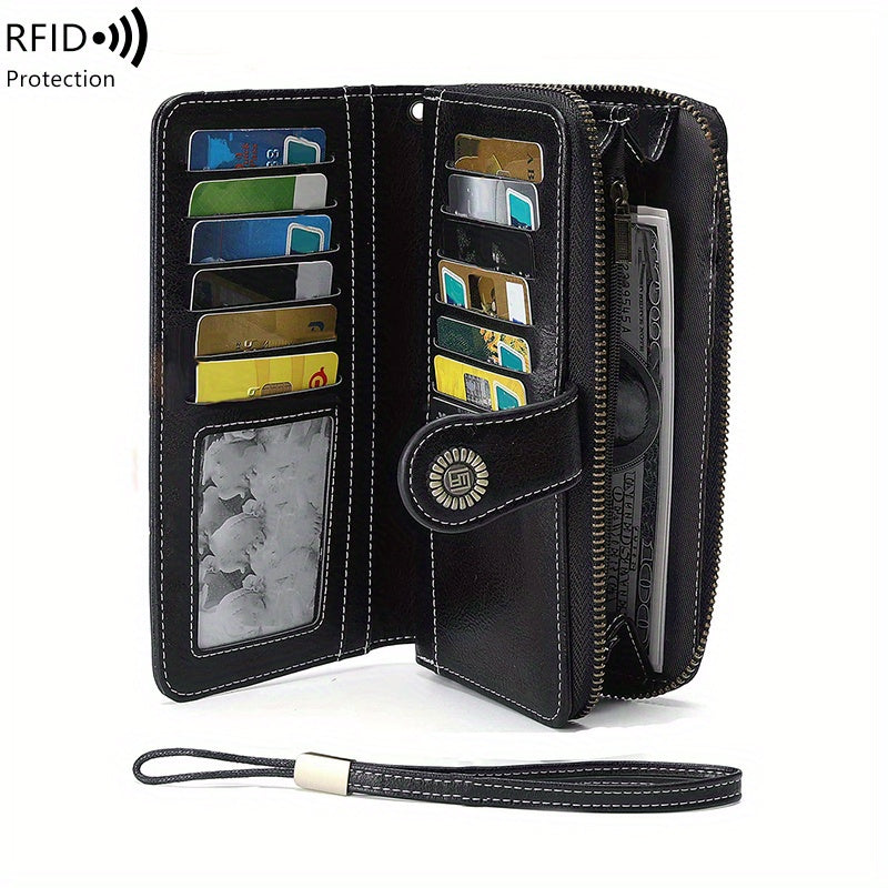 Vintage-Style RFID Long Wallet – Large-Capacity Faux Leather Coin Purse with Wristband, Snap Closure & Multi-Card Slots