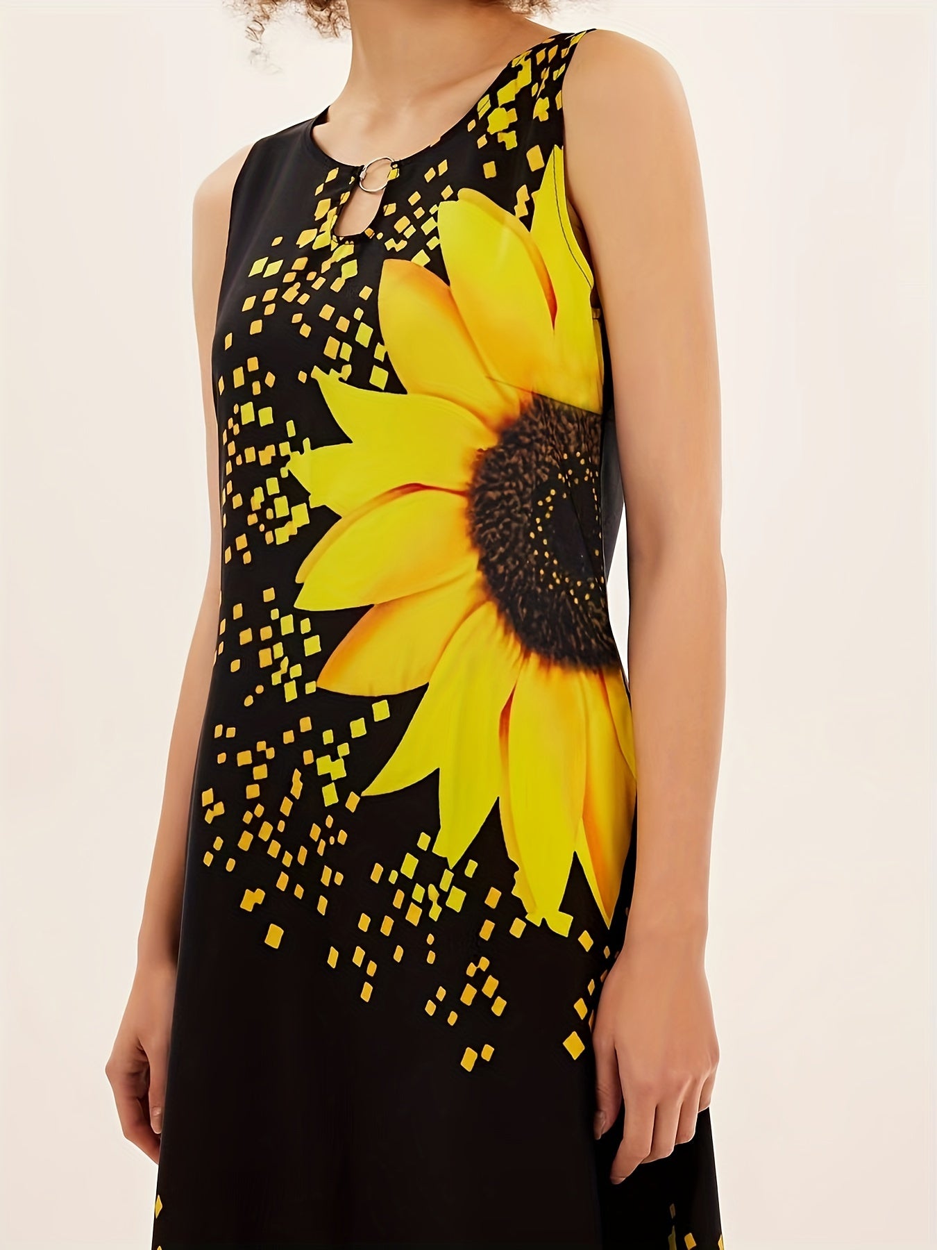 Sunflower Bloom Keyhole Maxi Dress - Casual Crew Neck, Sleeveless with Pockets - Feminine & Flattering Womens Summer Wear