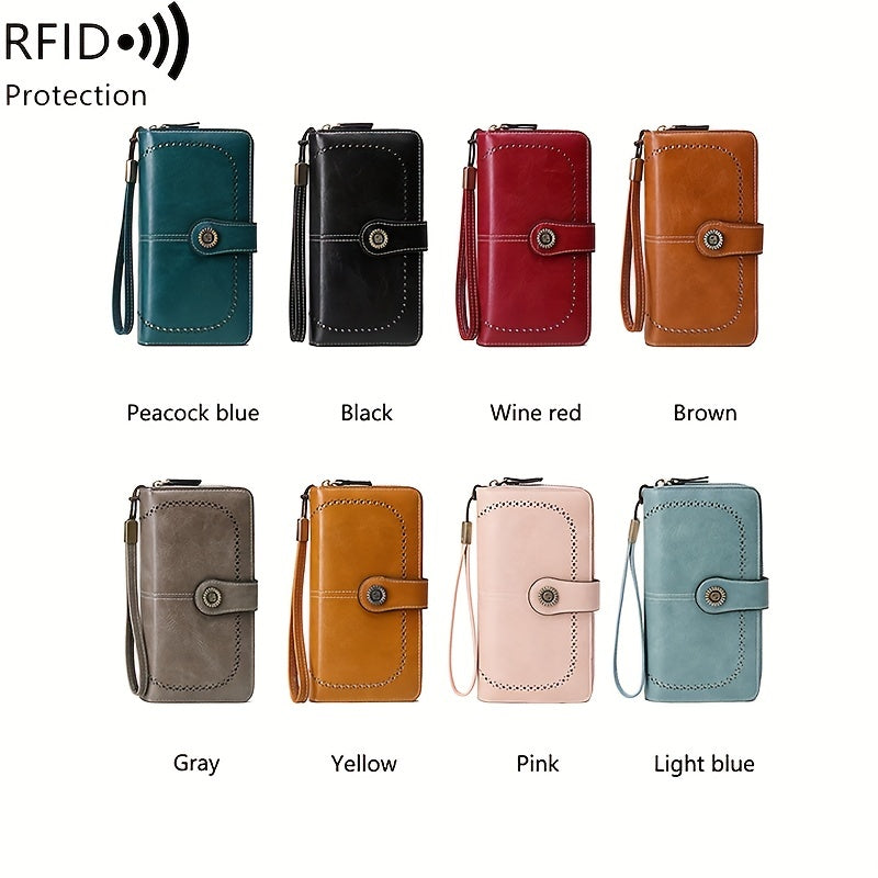 Vintage-Style RFID Long Wallet – Large-Capacity Faux Leather Coin Purse with Wristband, Snap Closure & Multi-Card Slots