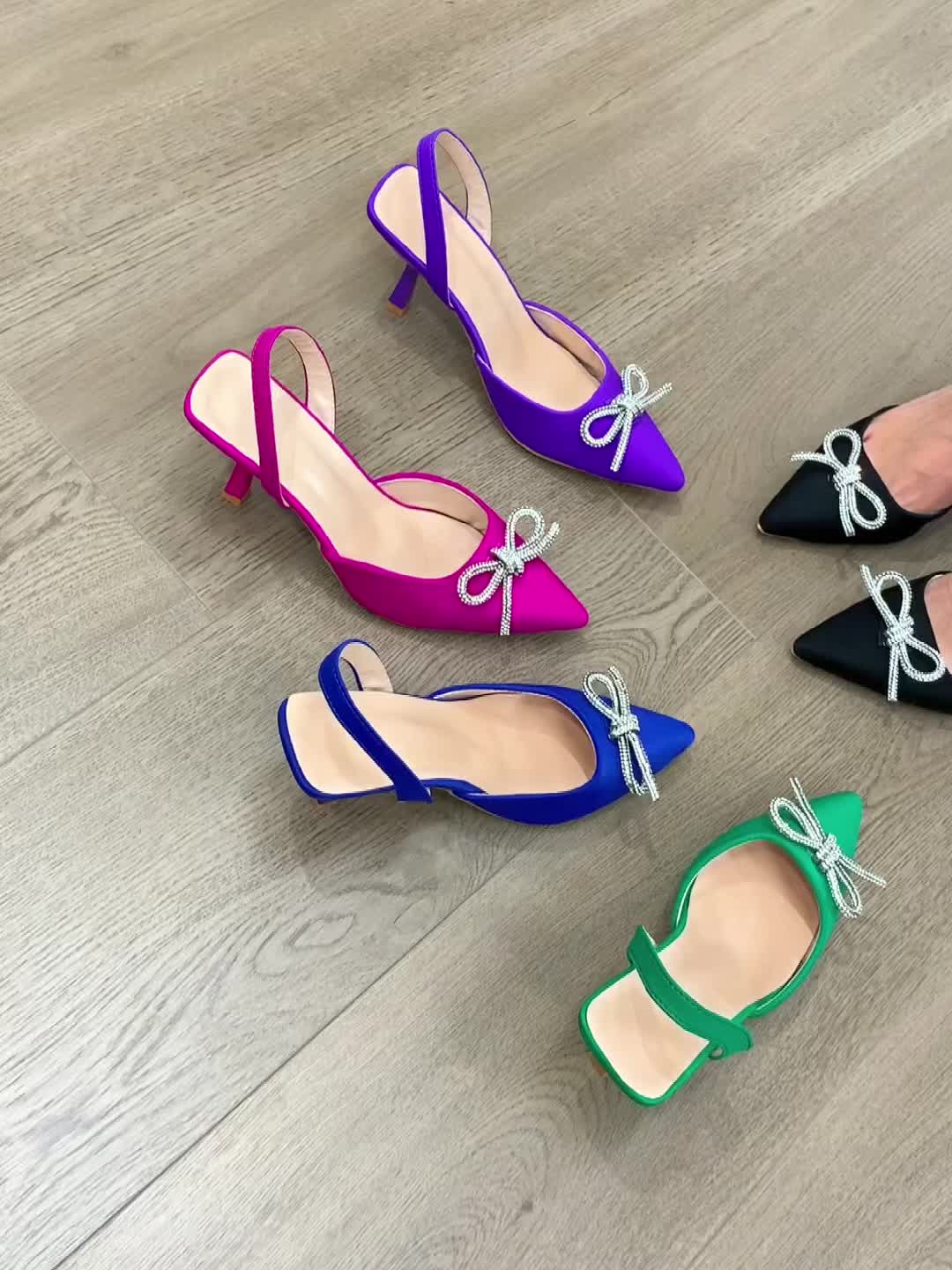 Women's Rhinestone Bow Stiletto, Pointed Toe Satin Slingback High Heels, Party & Evening Going Out Dress Shoes