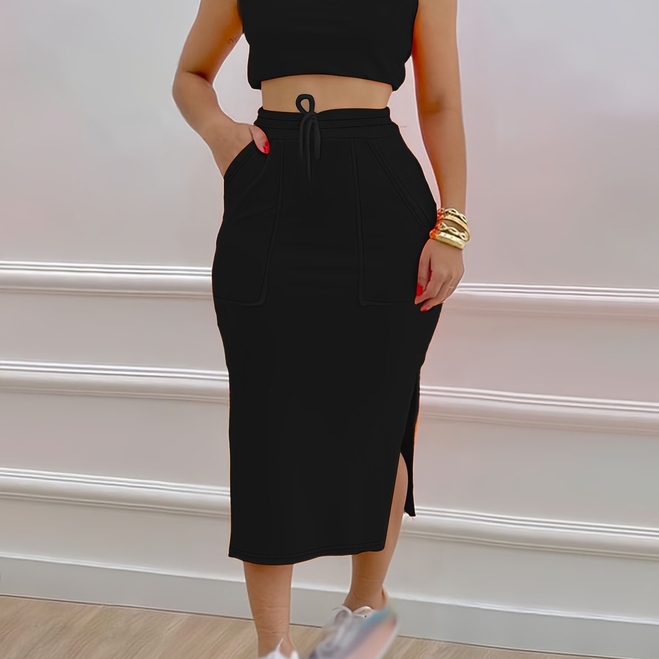 Solid Casual Two-piece Set, Sleeveless Tank Top & Drawstring Split Skirts Outfits, Women's Clothing