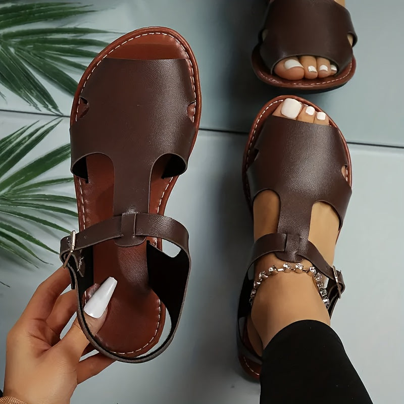Womens Summer Flat Sandals - Buckle Ankle Strap, Lightweight, Comfortable, Open Toe, Faux Leather Upper, Rubber Sole, Versatile Vacation Footwear for Beach, Pool, and Outdoor Activities