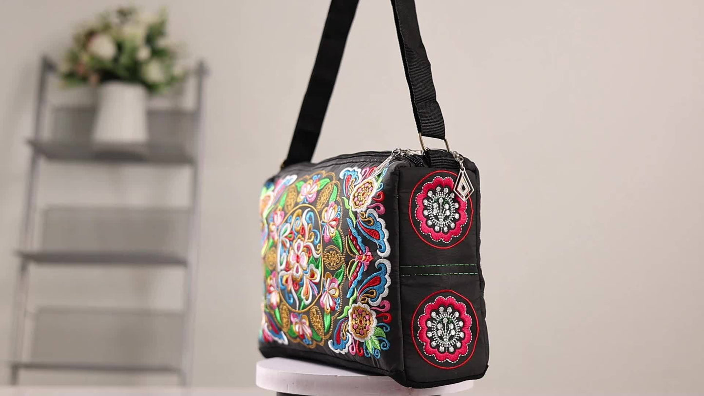 Floral Lightweight Crossbody Bag for Women – Adjustable Strap, Secure Zip, Embroidered Comic-Patterned Travel Purse