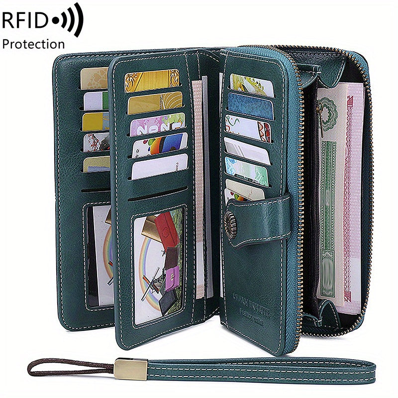 Vintage-Style RFID Long Wallet – Large-Capacity Faux Leather Coin Purse with Wristband, Snap Closure & Multi-Card Slots