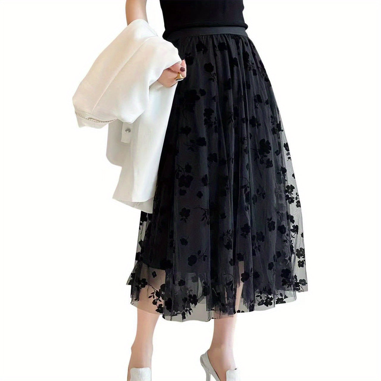 Plant Print Contrast Mesh Skirts, Elegant High Waist Maxi Skirts, Women's Clothing