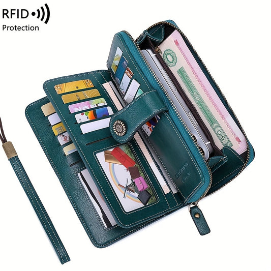 Vintage-Style RFID Long Wallet – Large-Capacity Faux Leather Coin Purse with Wristband, Snap Closure & Multi-Card Slots
