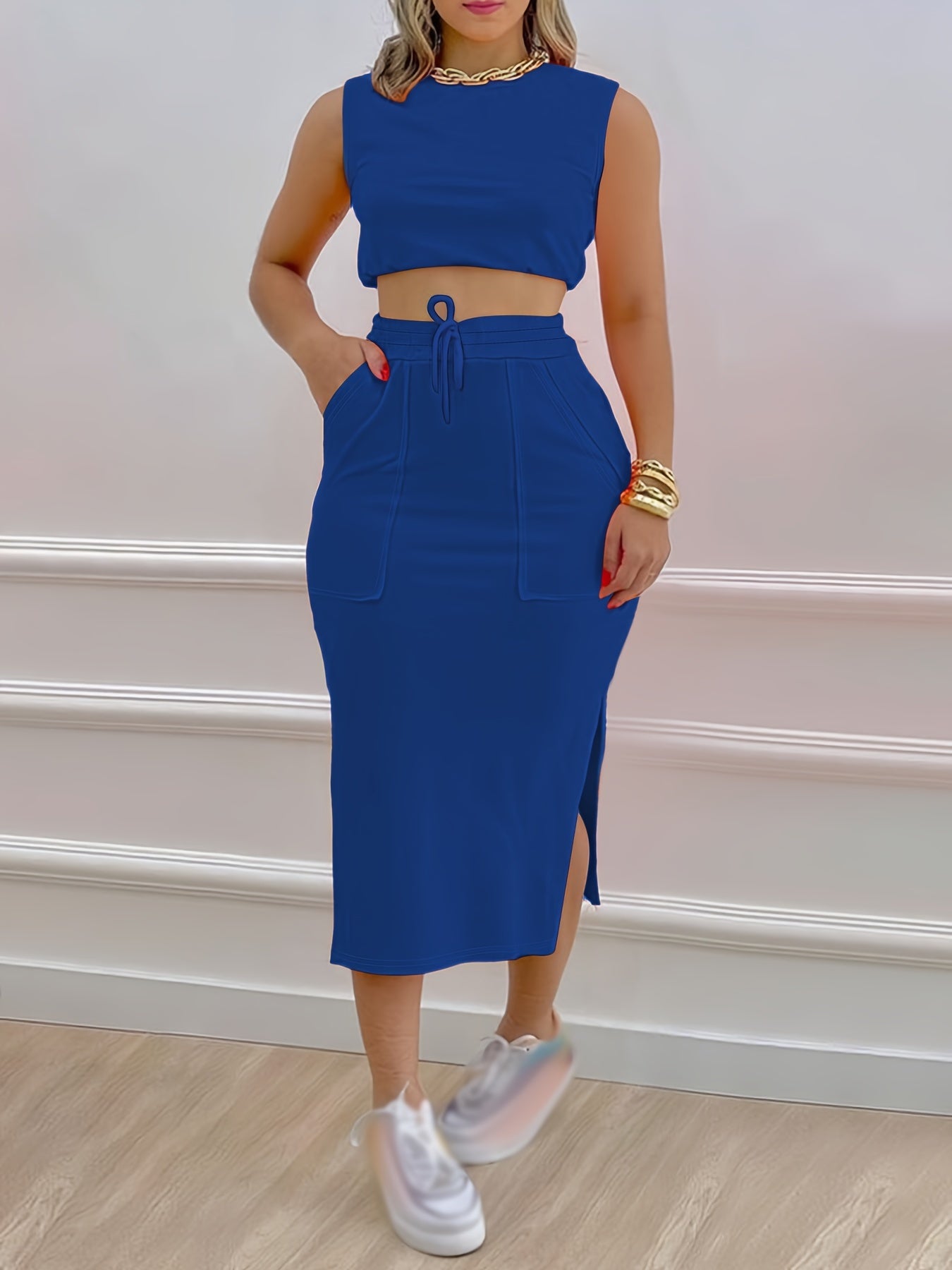 Solid Casual Two-piece Set, Sleeveless Tank Top & Drawstring Split Skirts Outfits, Women's Clothing