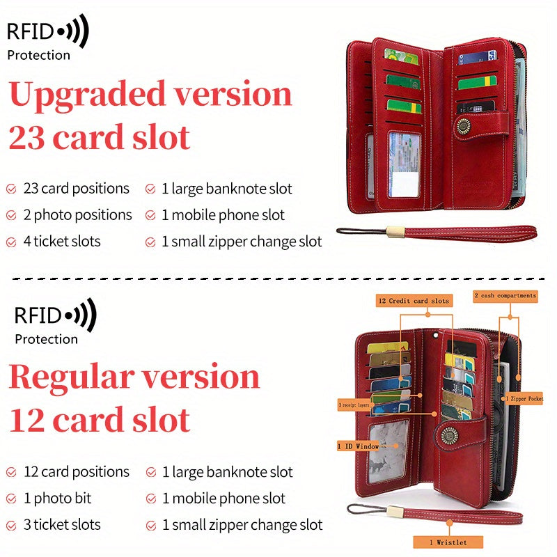 Vintage-Style RFID Long Wallet – Large-Capacity Faux Leather Coin Purse with Wristband, Snap Closure & Multi-Card Slots