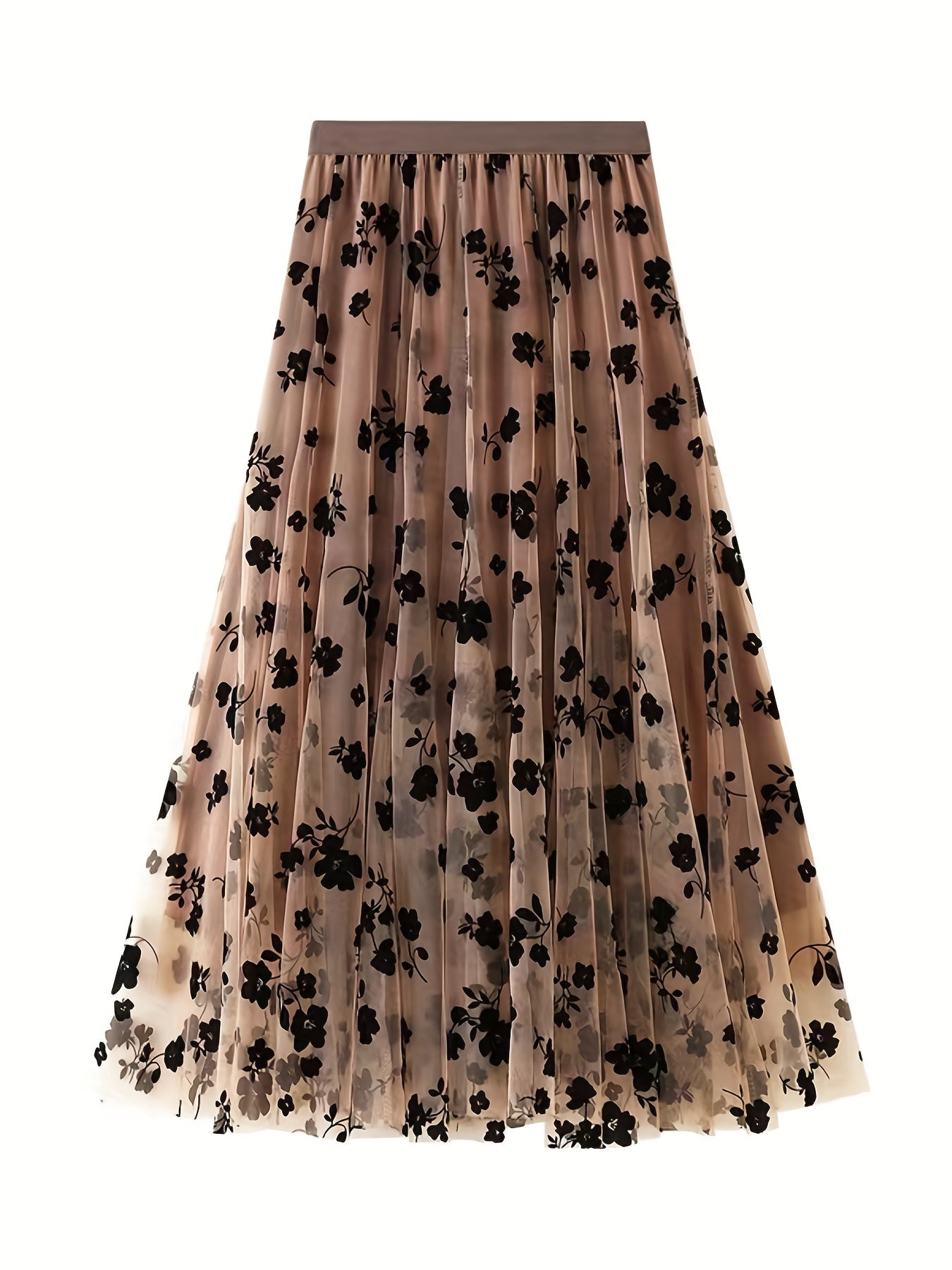 Plant Print Contrast Mesh Skirts, Elegant High Waist Maxi Skirts, Women's Clothing