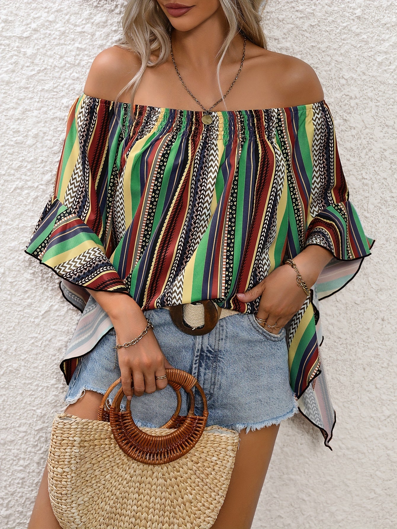 Vibrant Stripe Off-Shoulder Blouse - Flirty Ruffle Trim, Lightweight & Breathable - Womens Summer Vacation Wardrobe Staple