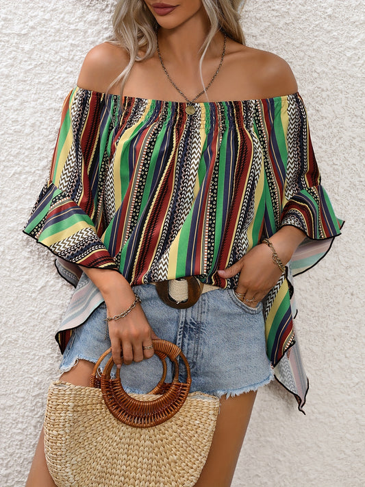 Vibrant Stripe Off-Shoulder Blouse - Flirty Ruffle Trim, Lightweight & Breathable - Womens Summer Vacation Wardrobe Staple
