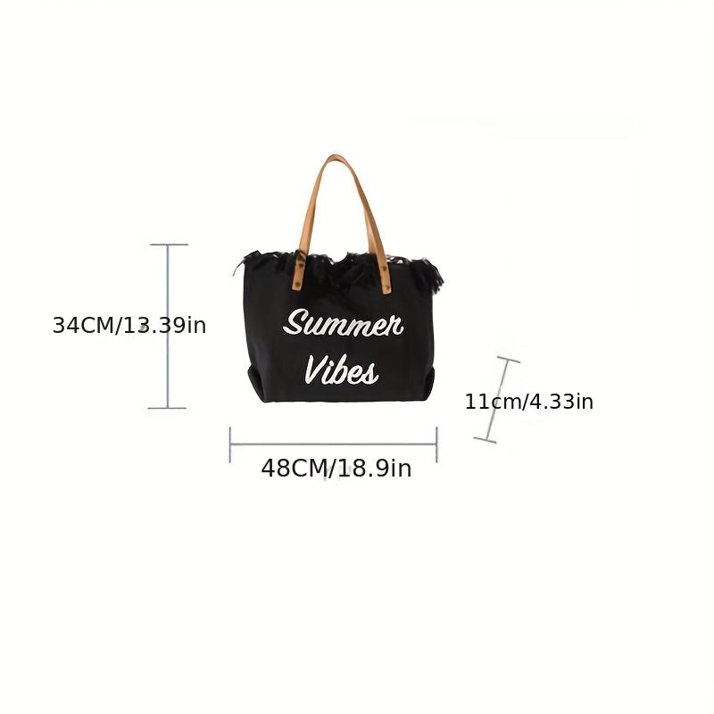 Bohemian Chic Embroidered Tote Bag - Stylish Letter Detail, Fringe Trim, Durable Canvas, Adjustable Shoulder Strap, Perfect for Womens Summer Beach Wear
