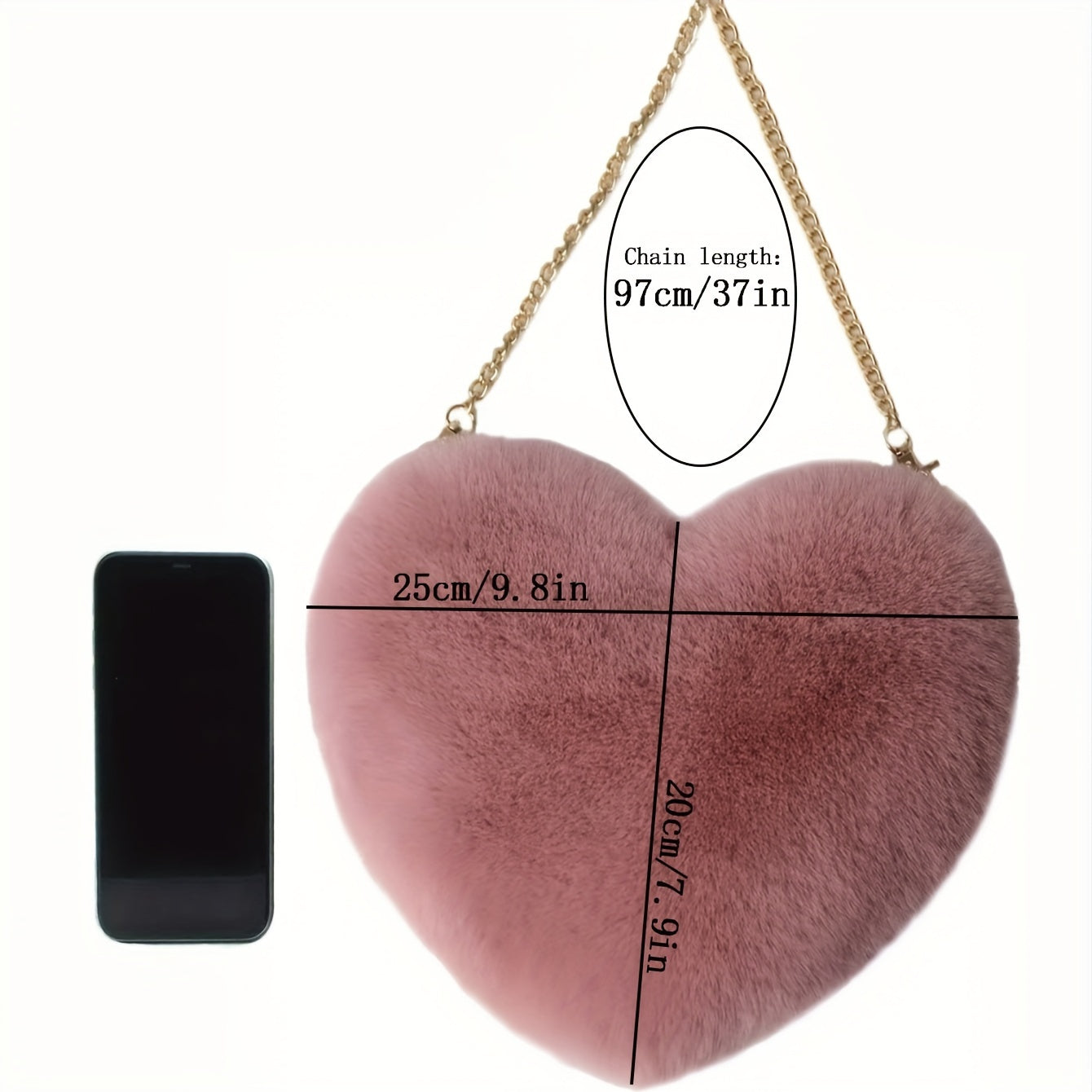 Heart Shaped Plush Bag, Women's Chain Crossbody Bag, Kawaii Zipper Purse For Valentine's Day