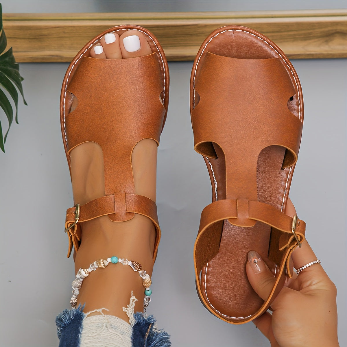 Womens Summer Flat Sandals - Buckle Ankle Strap, Lightweight, Comfortable, Open Toe, Faux Leather Upper, Rubber Sole, Versatile Vacation Footwear for Beach, Pool, and Outdoor Activities