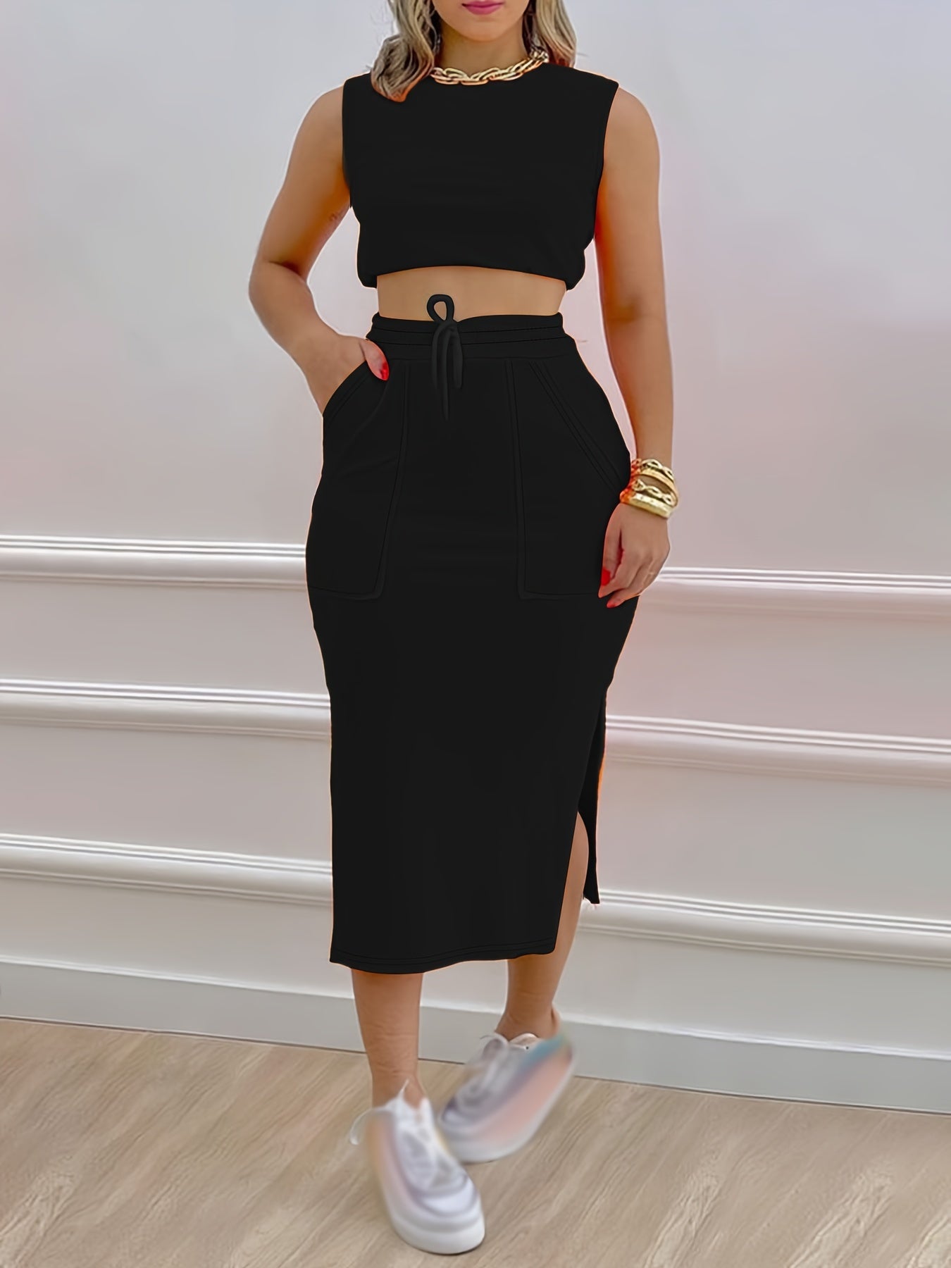 Solid Casual Two-piece Set, Sleeveless Tank Top & Drawstring Split Skirts Outfits, Women's Clothing