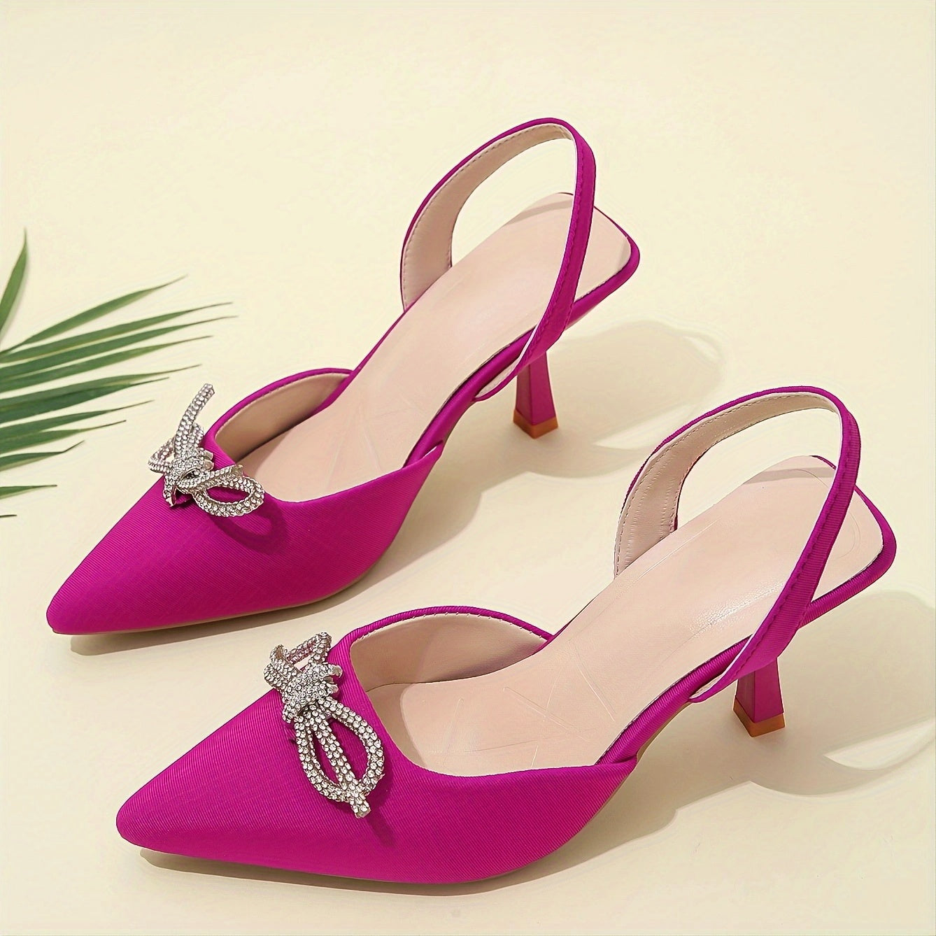 Women's Rhinestone Bow Stiletto, Pointed Toe Satin Slingback High Heels, Party & Evening Going Out Dress Shoes