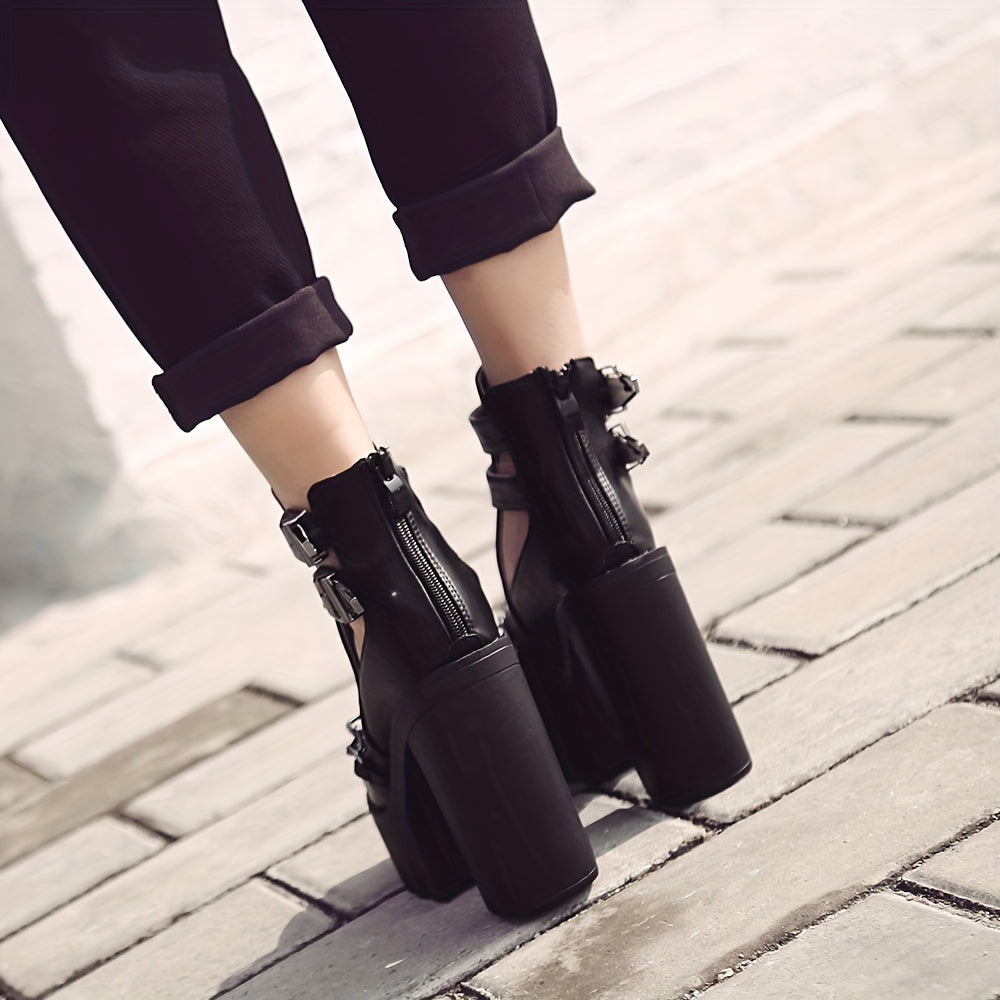 Women's Goth Platform Block High Heels, Black Chain Decor Double Buckle Strap Ankle Boots, Back Zipper Short Motorcycle Boots