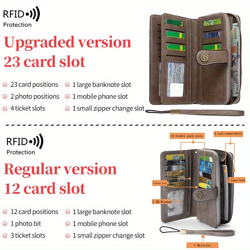 Vintage-Style RFID Long Wallet – Large-Capacity Faux Leather Coin Purse with Wristband, Snap Closure & Multi-Card Slots