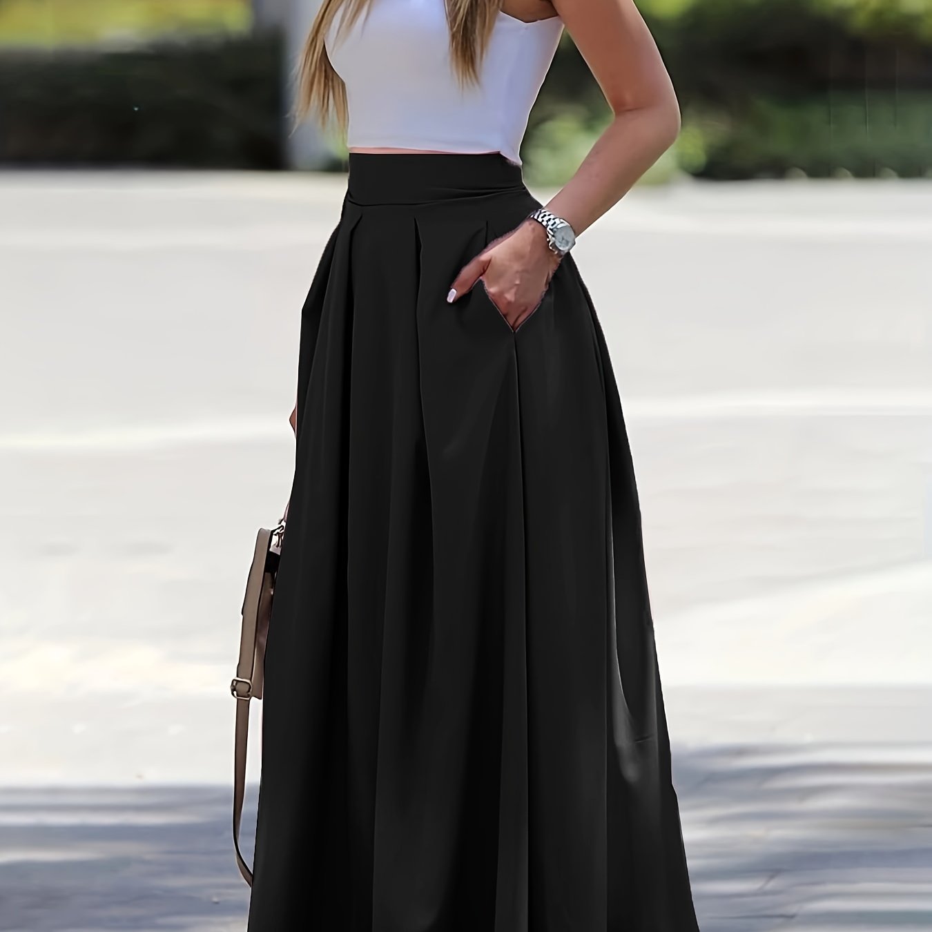 Ruched High Waist Skirts, Elegant Solid Versatile Maxi Skirts, Women's Clothing