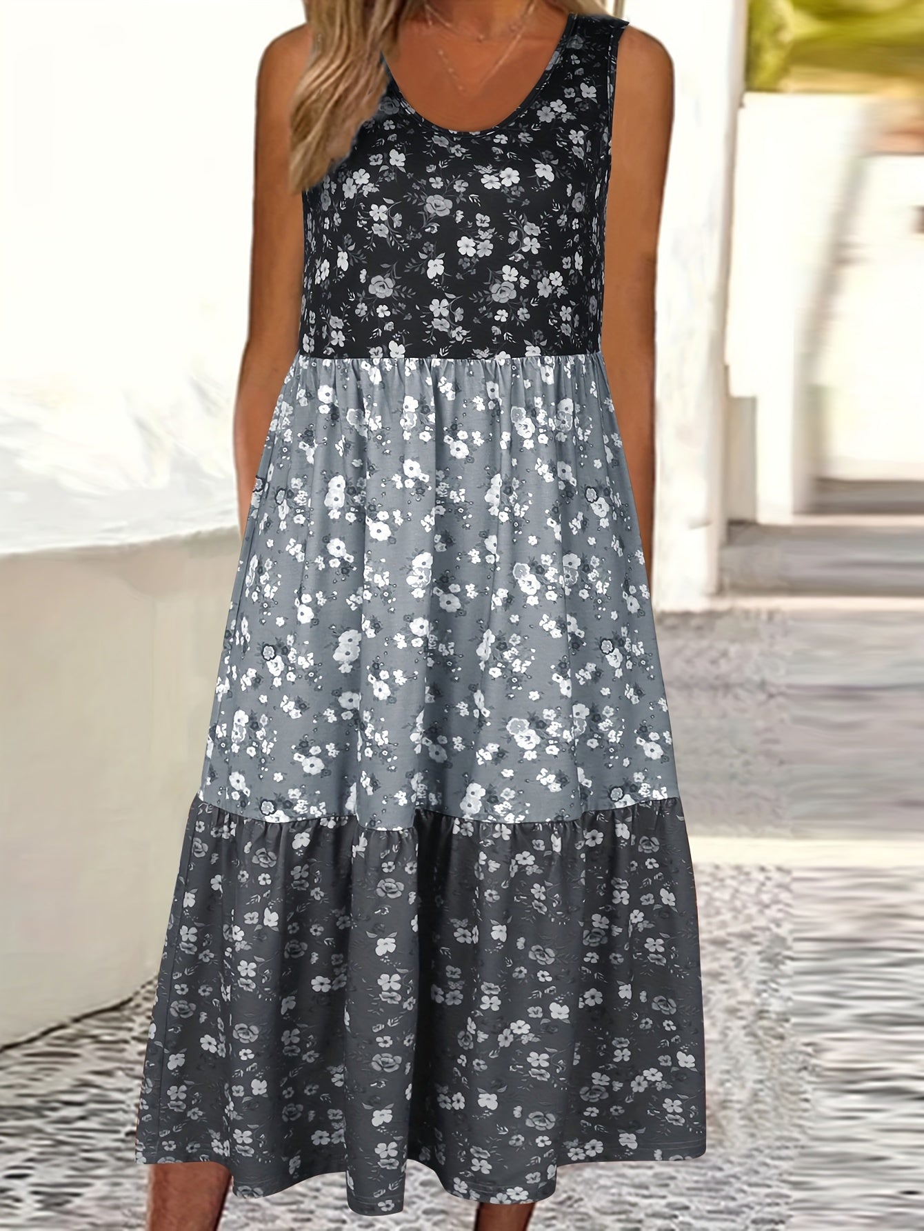 Vibrant Color Block Floral Print Tiered Tank Dress - Relaxed Fit, Crew Neck, Casual, Comfortable, Soft Fabric - Womens Summer Clothing, Beach Dress, Vacation Wear