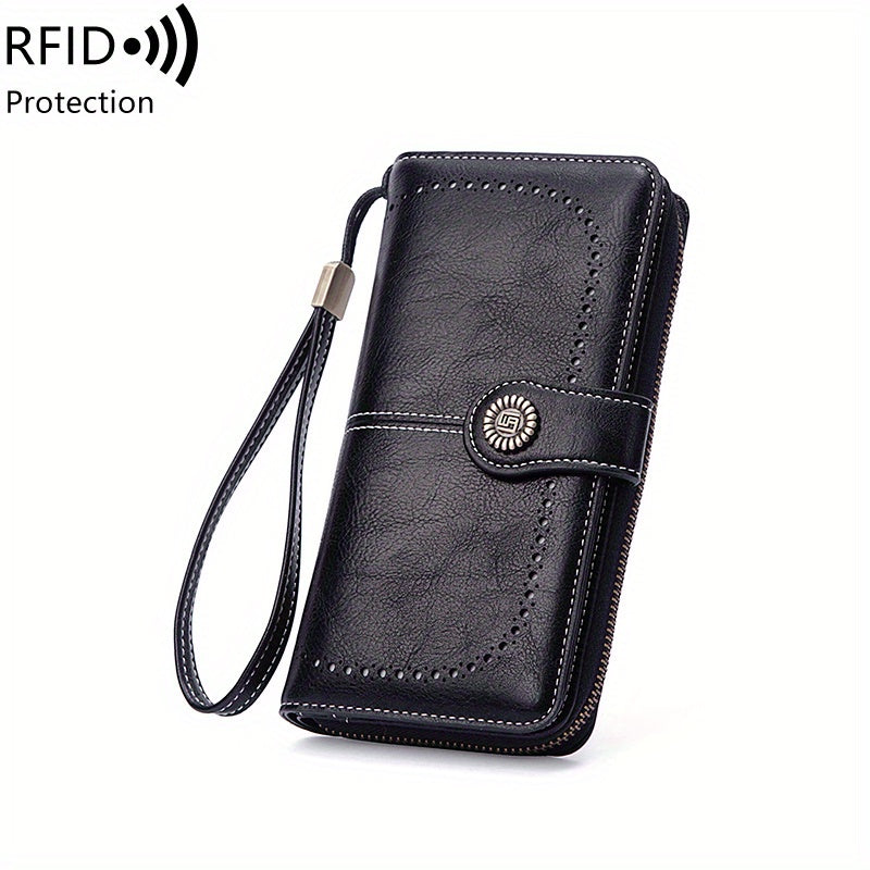 Vintage-Style RFID Long Wallet – Large-Capacity Faux Leather Coin Purse with Wristband, Snap Closure & Multi-Card Slots