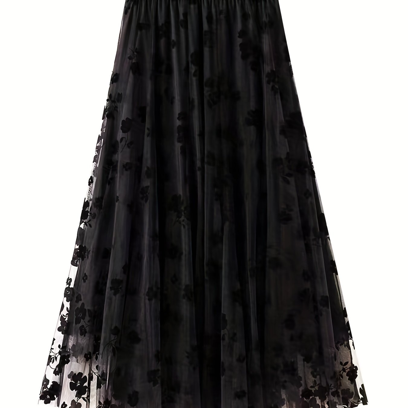 Plant Print Contrast Mesh Skirts, Elegant High Waist Maxi Skirts, Women's Clothing