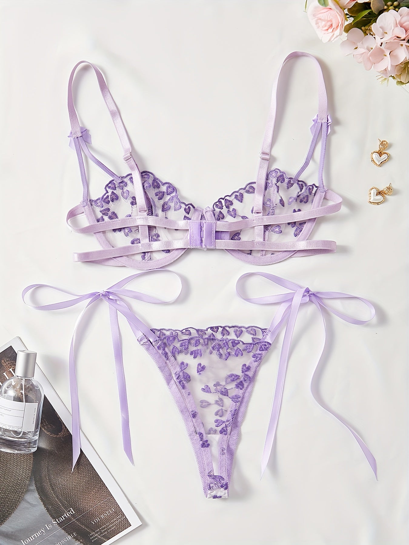 Romantic Heart Embroidered Lingerie Set - Delicate Sheer Mesh, Wireless Unlined Bra & Seductive Strappy Thong - Intimate, Comfortable & Alluring Womens Underwear for Special Occasions