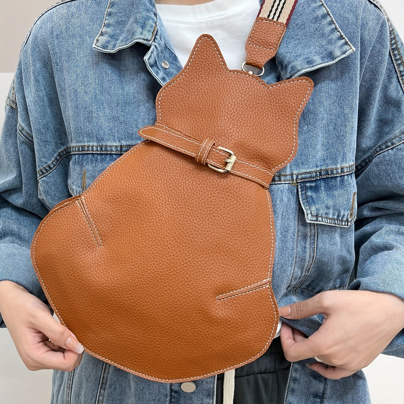 Cat Shaped Shoulder Bag, Vintage PU Leather Sling Bag, Women's Kawaii Crossbody Purse