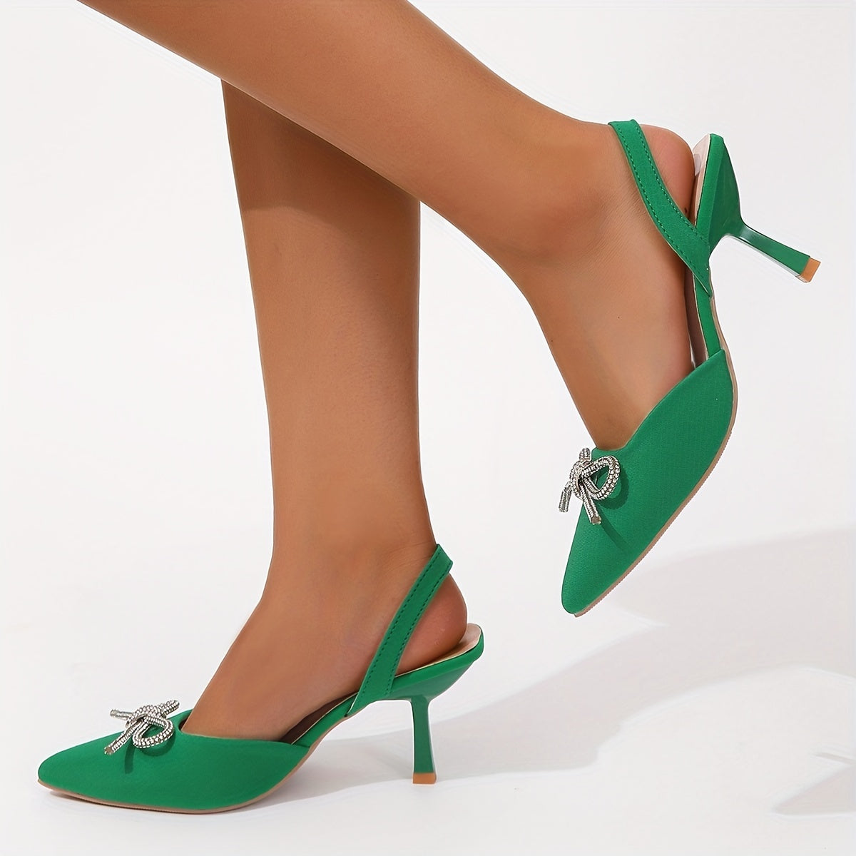 Women's Rhinestone Bow Stiletto, Pointed Toe Satin Slingback High Heels, Party & Evening Going Out Dress Shoes