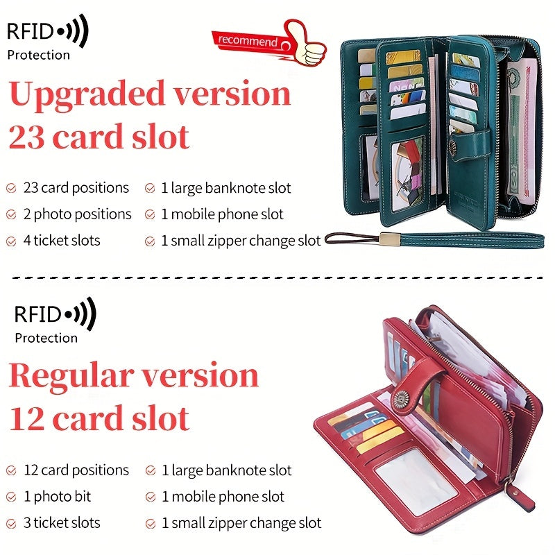Vintage-Style RFID Long Wallet – Large-Capacity Faux Leather Coin Purse with Wristband, Snap Closure & Multi-Card Slots