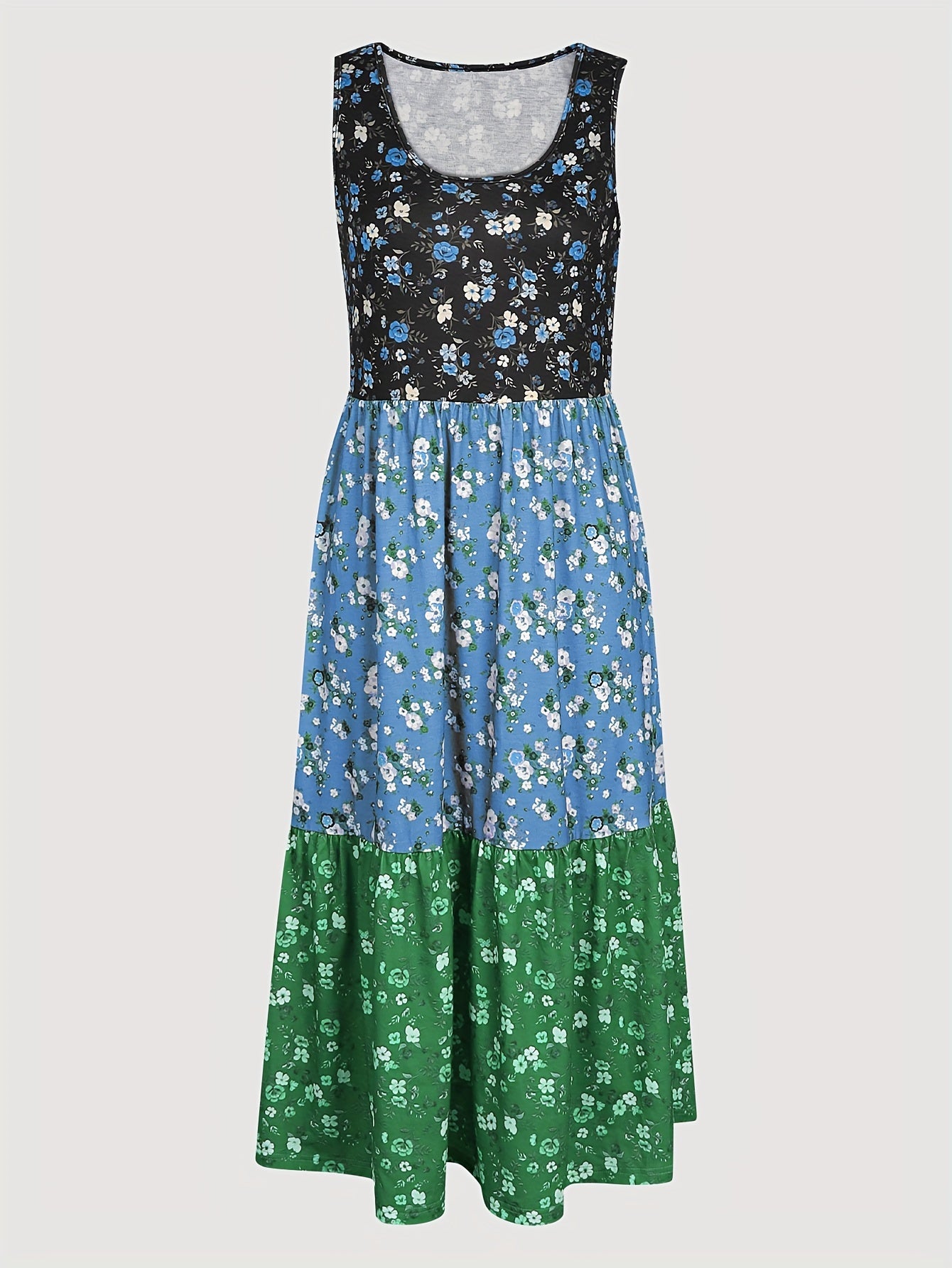 Vibrant Color Block Floral Print Tiered Tank Dress - Relaxed Fit, Crew Neck, Casual, Comfortable, Soft Fabric - Womens Summer Clothing, Beach Dress, Vacation Wear