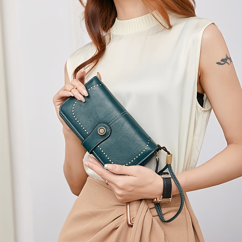 Vintage-Style RFID Long Wallet – Large-Capacity Faux Leather Coin Purse with Wristband, Snap Closure & Multi-Card Slots