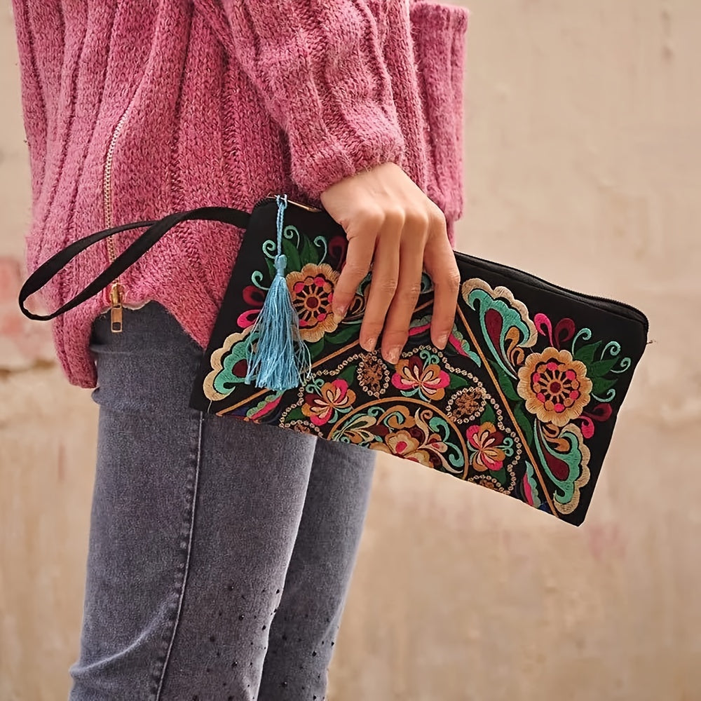 Vintage Square Phone Purse - Ethnic Floral Embroidery, Wristlet Strap, Stylish Clutch for Everyday Chic