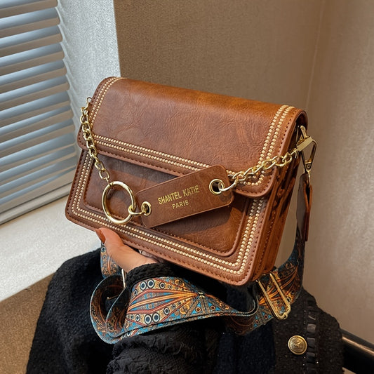 Chain Decor Square Crossbody Bag, Small Stitch Detail Flap Purse, Women's Faux Leather Shoulder Bag