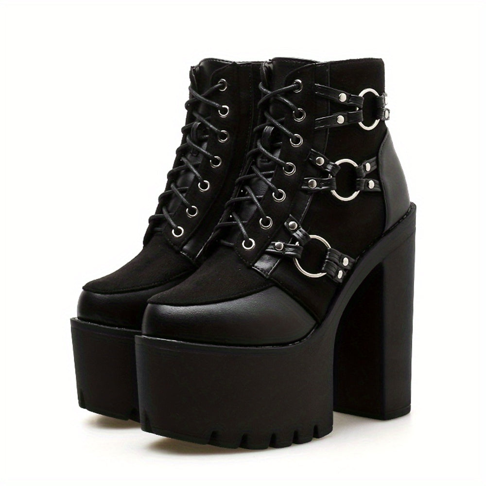 Women's Goth Motorcycle High Heel Boots, Block Heels Lace Up And Zipper Round Toe Platform Ankle Boots, Y2K Style Boots