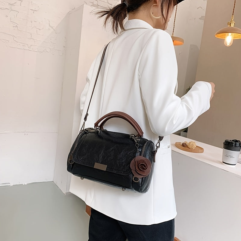 Vintage Boston Handbag, Large-capacity Trendy Satchel Bag, Flower Pendant Zipper Purse
