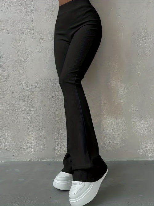 Stylish Flare Leg Pants - Soft and Stretchy Ribbed Fabric, Comfortable High-Rise Design, Flexible and Form-Fitting Waistband, Fashionable Flared Leg Style - Chic Womens Clothing for Everyday Wear
