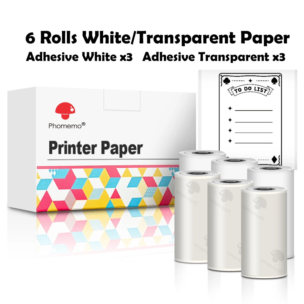 Phomemo 3 Rolls Self-adhesive Transparent Sticker Thermal Paper for T02 M02X Label Sticky DIY Photo Texts Study Notes Printing